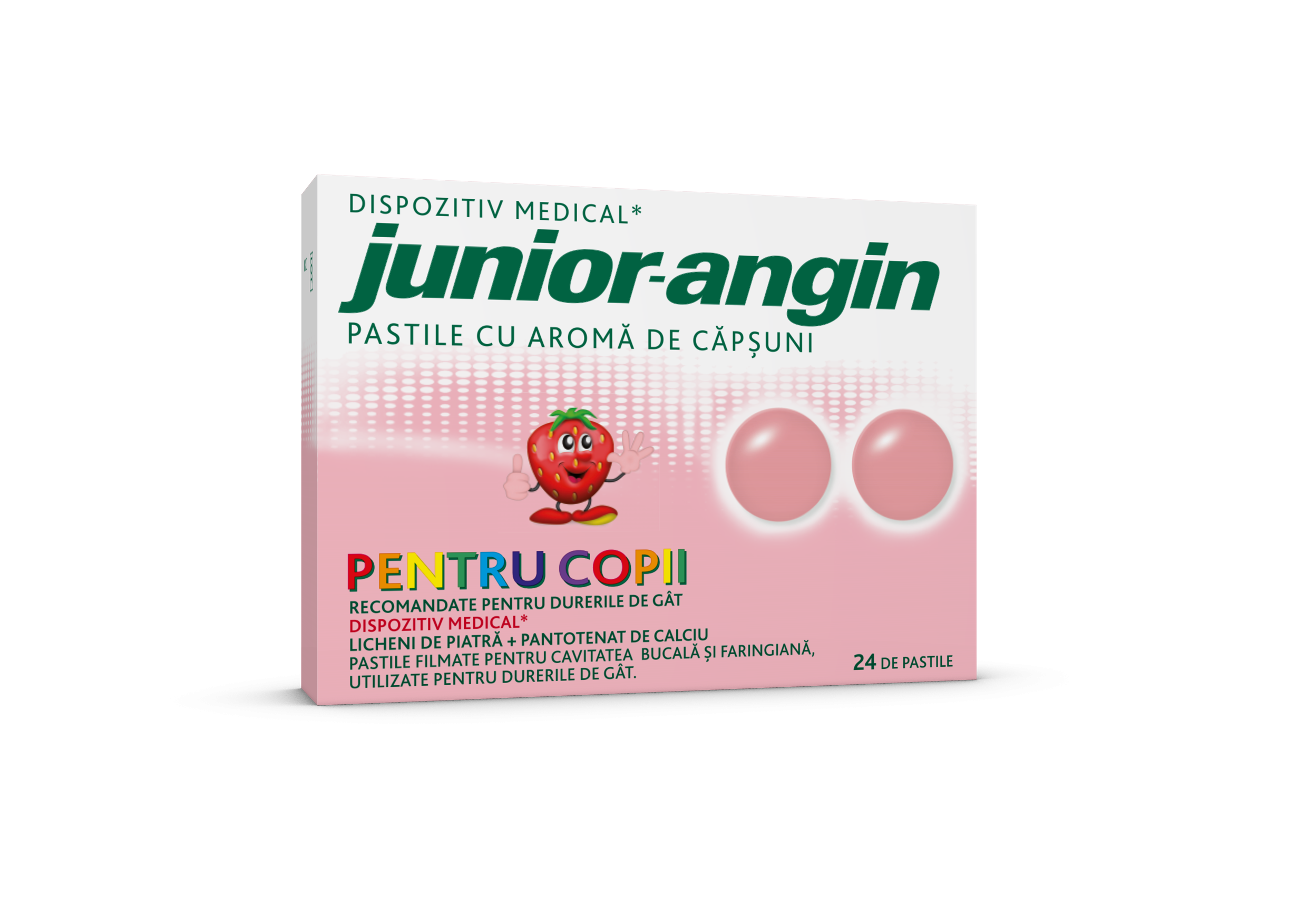 Junior Angin cu aroma de capsuni, 24 PASTILE, dureri de gat la copii Angin