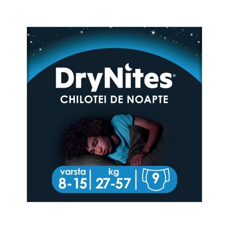 HUGGIES DryNites chiloti absorbanti 27-57kg, baieti 8-15 ani, 9 bucati 27-57kg imagine teramed.ro