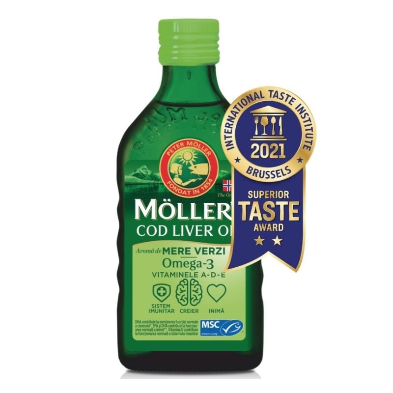 Moller’s Cod liver oil Omega-3 aroma de mere verzi, 250ml 250ml imagine noua