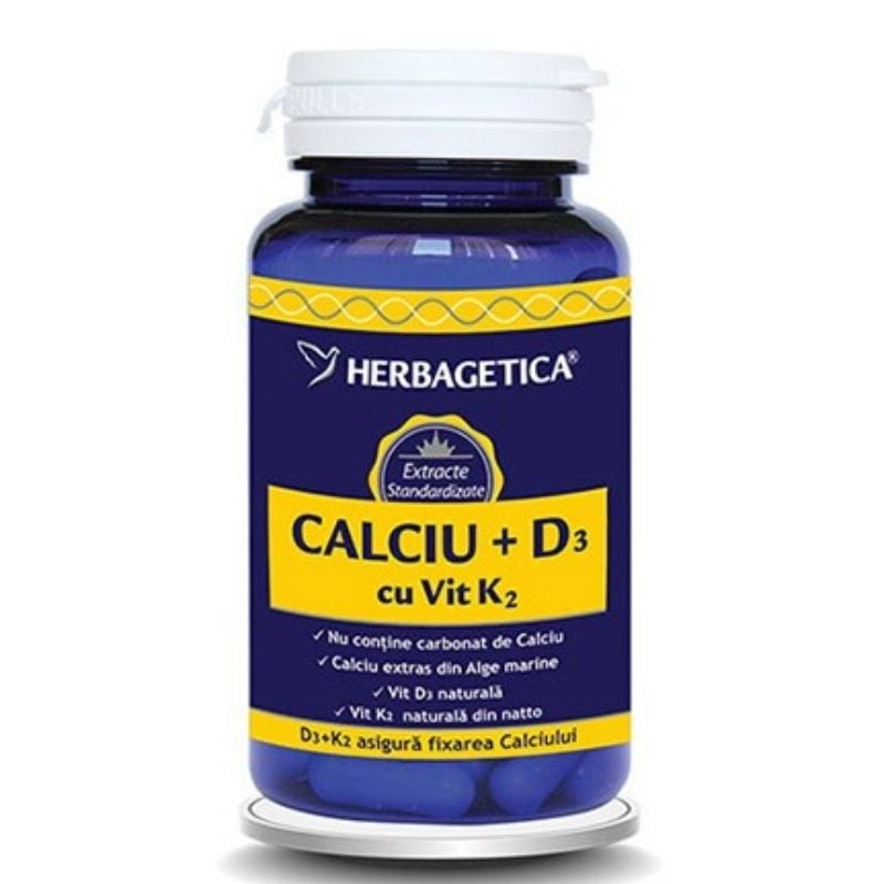 HERBAGETICA Calciu + vitamina D3 + K2, 30 capsule calciu imagine noua