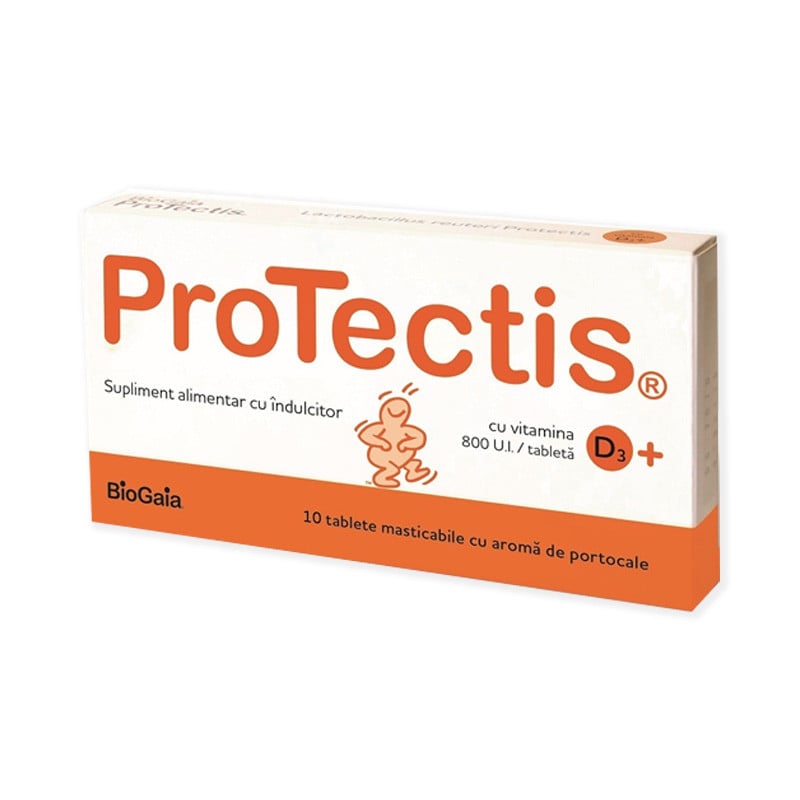 ProTectis cu Vitamina D3 800 UI si aroma de portocale, 10 tablete masticabile 800 imagine teramed.ro