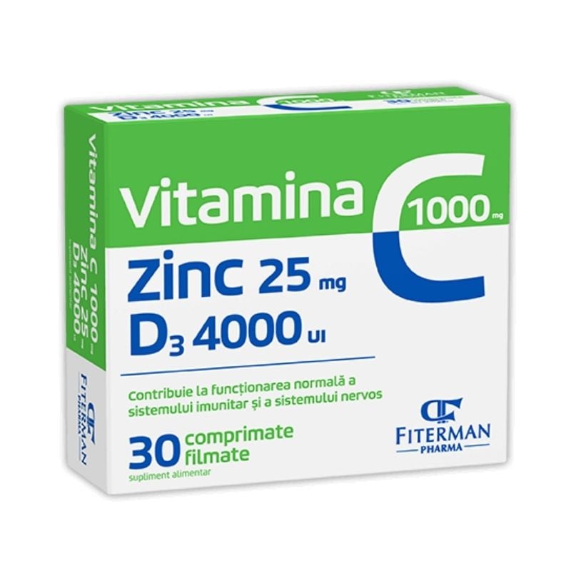 Vitamina C 1000 mg + Zn 25 mg + D3 4000UI, 30 comprimate filmate, Fiterman Pharma