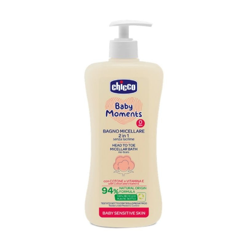 Chicco Baby Moments Sensitive Sampon si gel de dus micelar dermatologic, 500 ml, 0 luni+