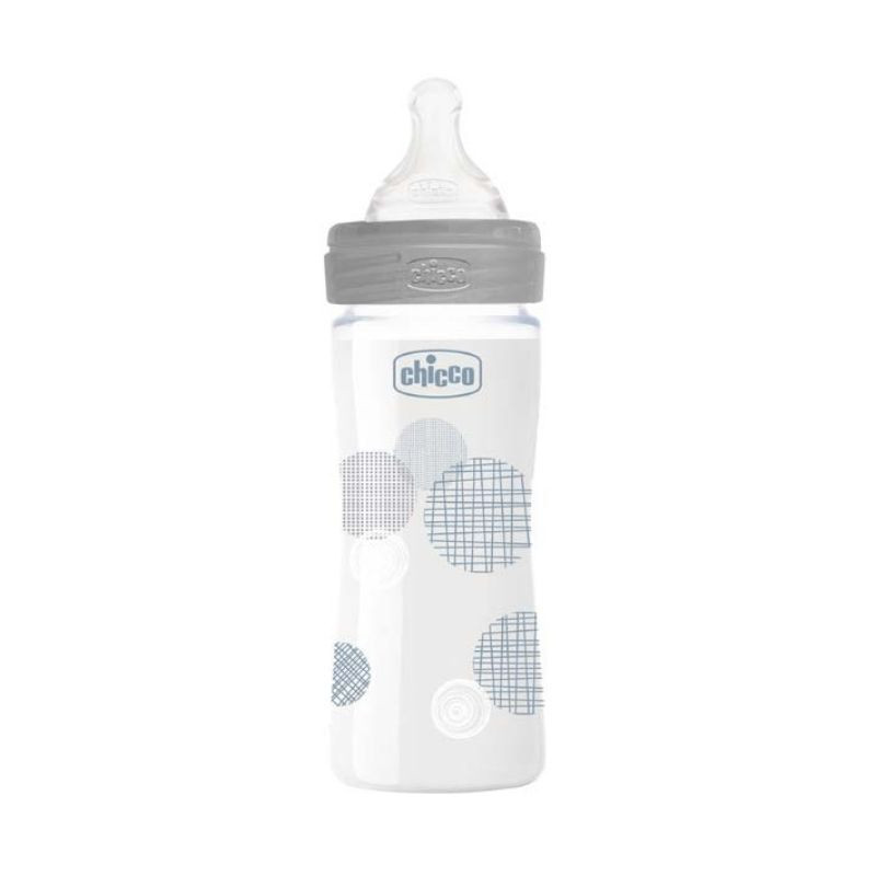 Chicco Wellbeing Biberon sticla 240 ml, tetina silicon, flux lent, unisex, 0luni+ 0luni+