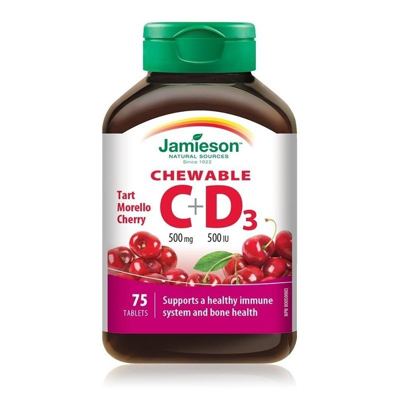 Jamieson Vitamina C 500 mg + D 500UI masticabila, aroma cirese, 75 tablete 500 imagine noua