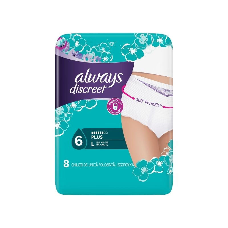 Always Discreet Pants Chiloti Pentru Incontinenta Urinara Large, 8 Bucati