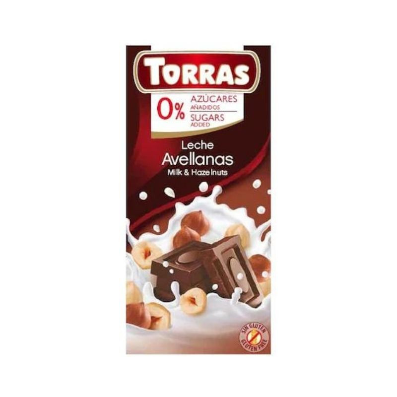 TORRAS Ciocolata cu lapte si alune fara zahar si fara gluten, 75g