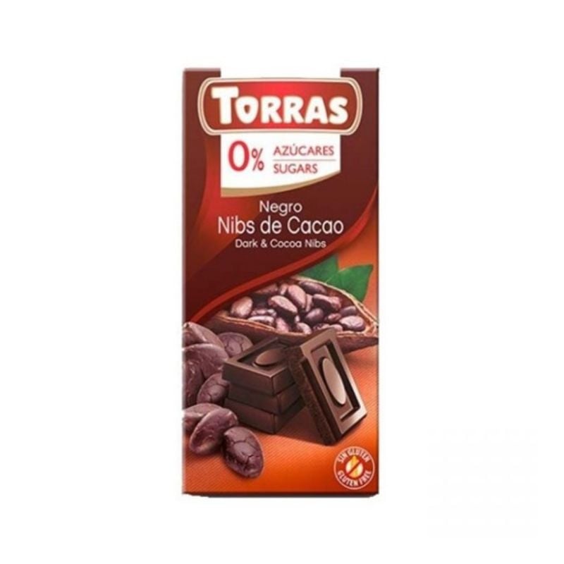 TORRAS Ciocolata neagra cu bucatele de cacao fara zahar si fara gluten, 75g 75g imagine noua