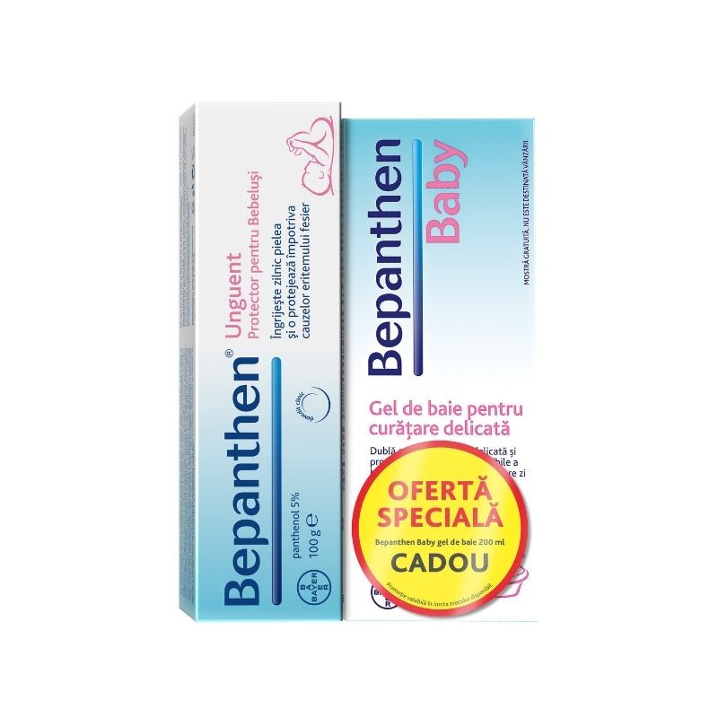 Pachet Bayer Bepanthen Unguent, 100g + Bepanthen Baby Gel de baie, 200ml 100g imagine teramed.ro