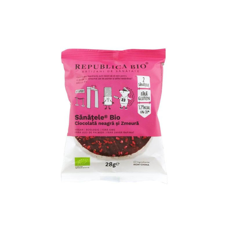 Sanatele bio cu ciocolata neagra, zmeura si orez brun fara gluten, 28g, Republica Bio