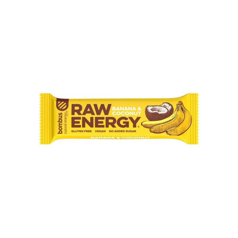 Bombus Baton proteic Raw Energy cu banane si nuca de cocos, 50g