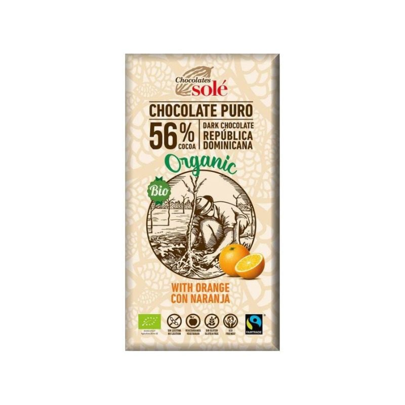 Chocolates Sole Ciocolata bio cu 56% cacao si portocale, 100g