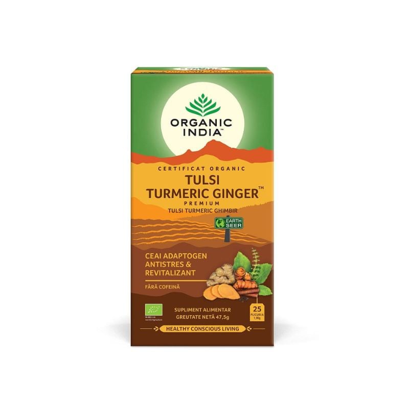 ORGANIC INDIA Ceai Tulsi Adaptogen Turmeric si Ghimbir, 25 plicuri