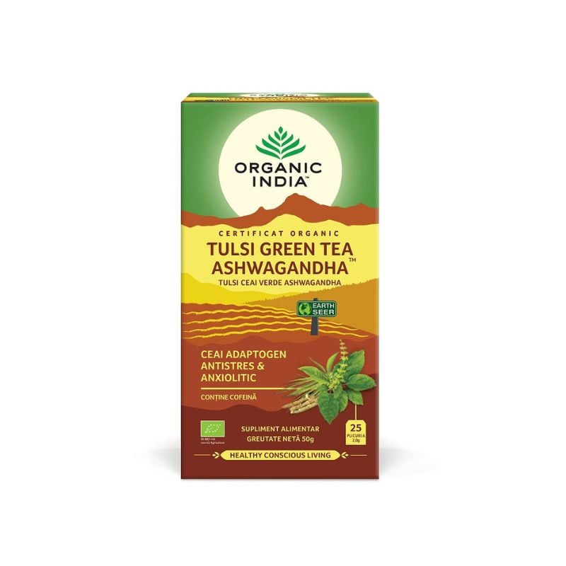 ORGANIC INDIA Ceai Tulsi Ashwagandha Ceai Verde, 25 plicuri