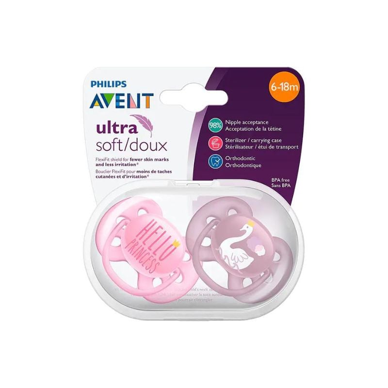 Avent scf223/02 ultra soft, suzeta ultramoale si flexibila, 6-18 luni, roz/mov, 2 bucati