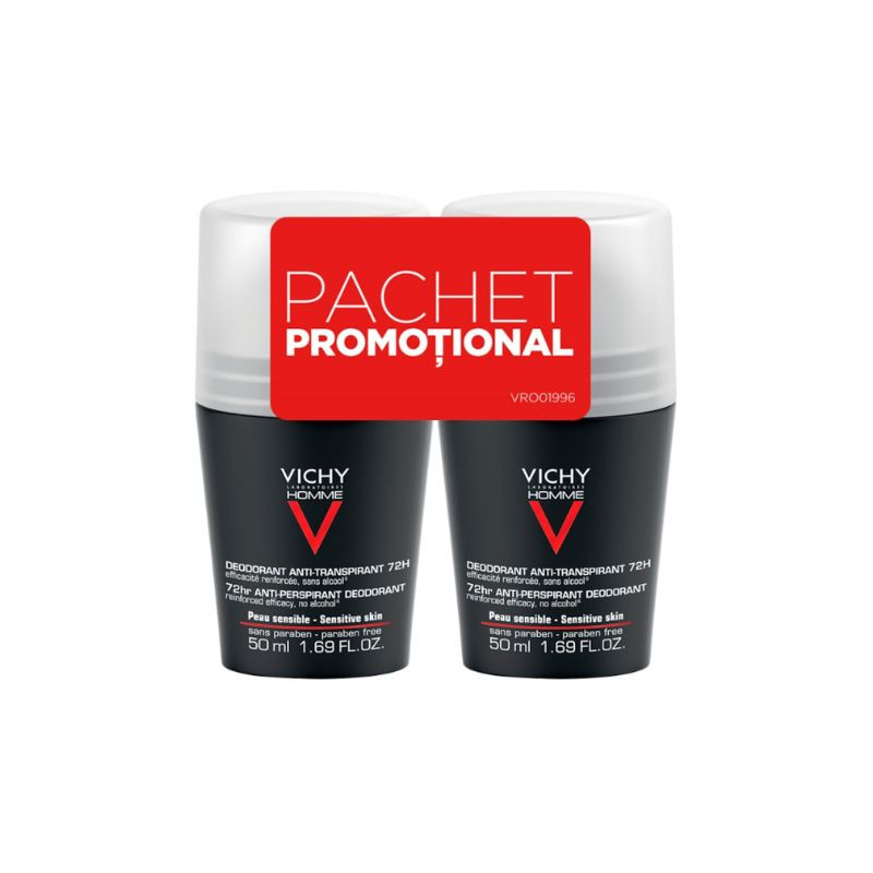 Pachet Deodorant roll-on antiperspirant control extrem, pentru barbati, eficacitate 72h, 50 ml, Vichy