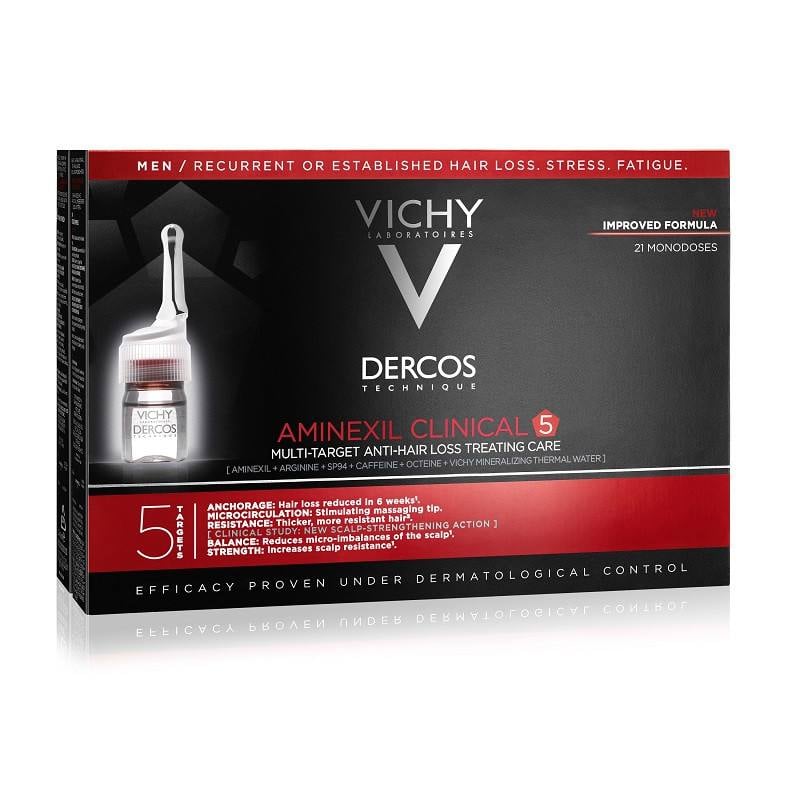 Vichy Dercos AMINEXIL CLINICAL 5, Barbati, tratament impotriva caderii parului , 21 fiole*6ml Aminexil imagine teramed.ro