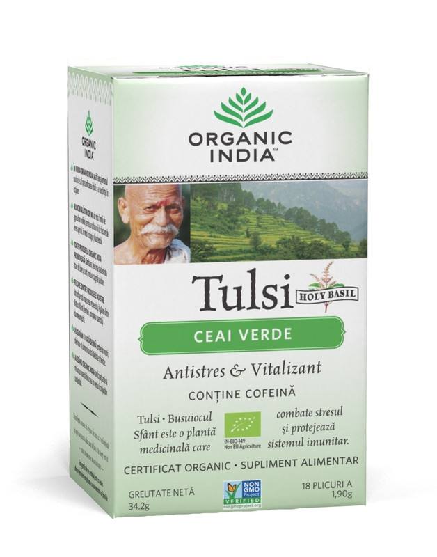 ORGANIC INDIA Ceai Verde Tulsi (Busuioc Sfant) | Antistres Natural & Vitalizant