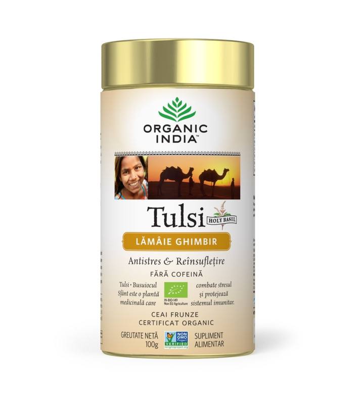 ORGANIC INDIA Ceai Tulsi (Busuioc Sfant) cu Lamaie si Ghimbir | Antistres Natural & Reinsufletire 100g 100g imagine teramed.ro