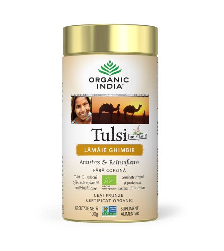 ORGANIC INDIA Ceai Tulsi (Busuioc Sfant) cu Lamaie si Ghimbir | Antistres Natural & Reinsufletire 100g