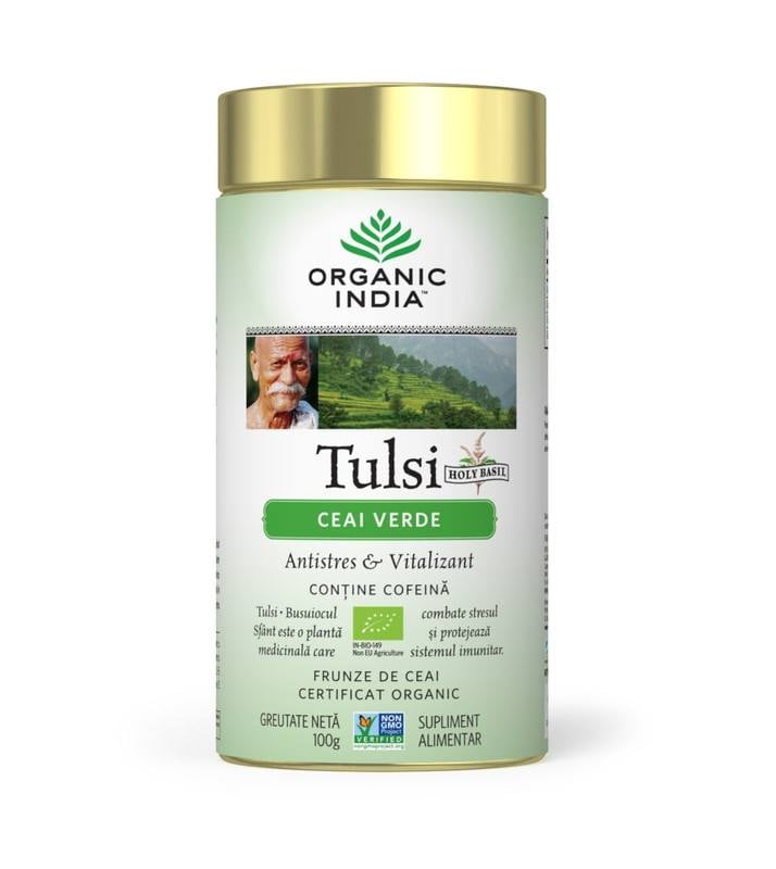 ORGANIC INDIA Ceai Tulsi (Busuioc Sfant) Ceai Verde | Antistres Natural & Vitalizant 100g