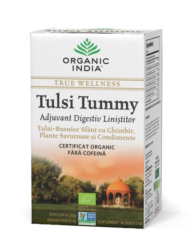 ORGANIC INDIA Ceai Digestiv Tulsi (Busuioc Sfant) Tummy cu Ghimbir, Plante Savuroase si Condimente BIO imagine teramed.ro