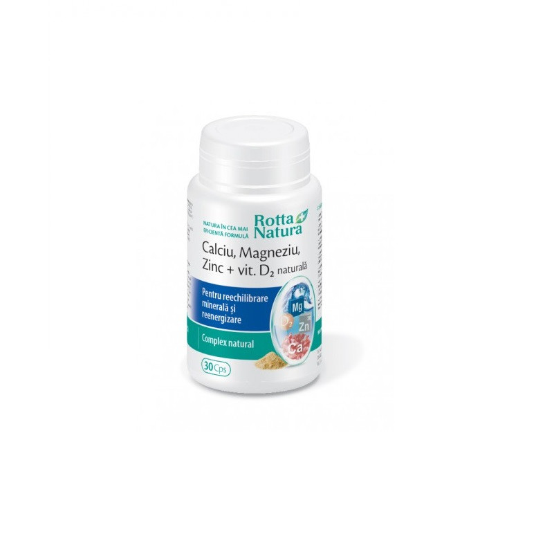 Calciu, magneziu, zinc, vitamina D2 naturala, 30 capsule, Rotta Natura calciu imagine noua