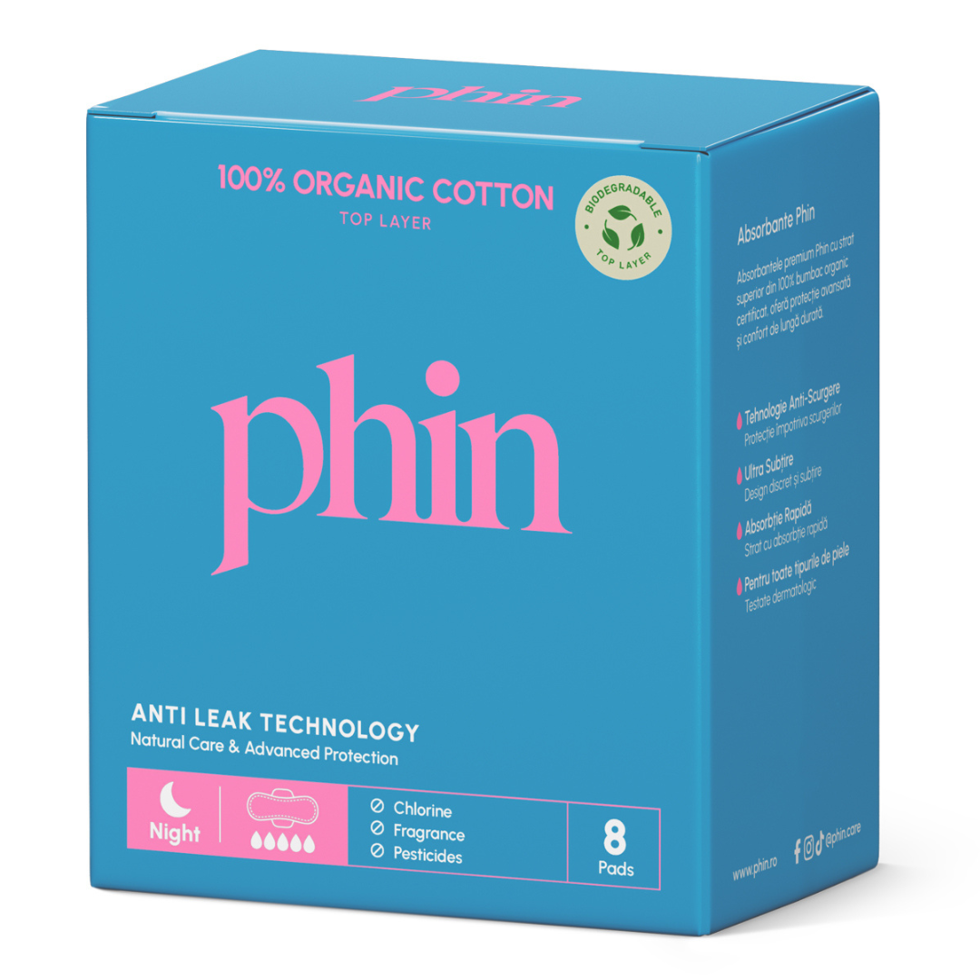 Absorbante de noapte din Bumbac Organic, 8 bucati, Phin