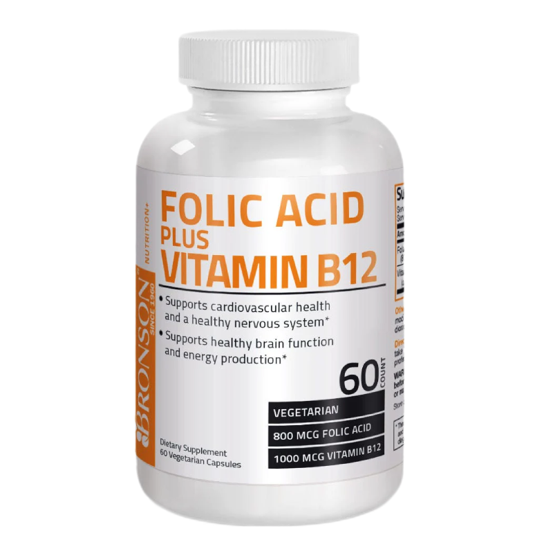 Acid Folic 800 mcg + Vitamina B12 1000 mcg, 60 capsule, Bronson Laboratories 1000 imagine noua