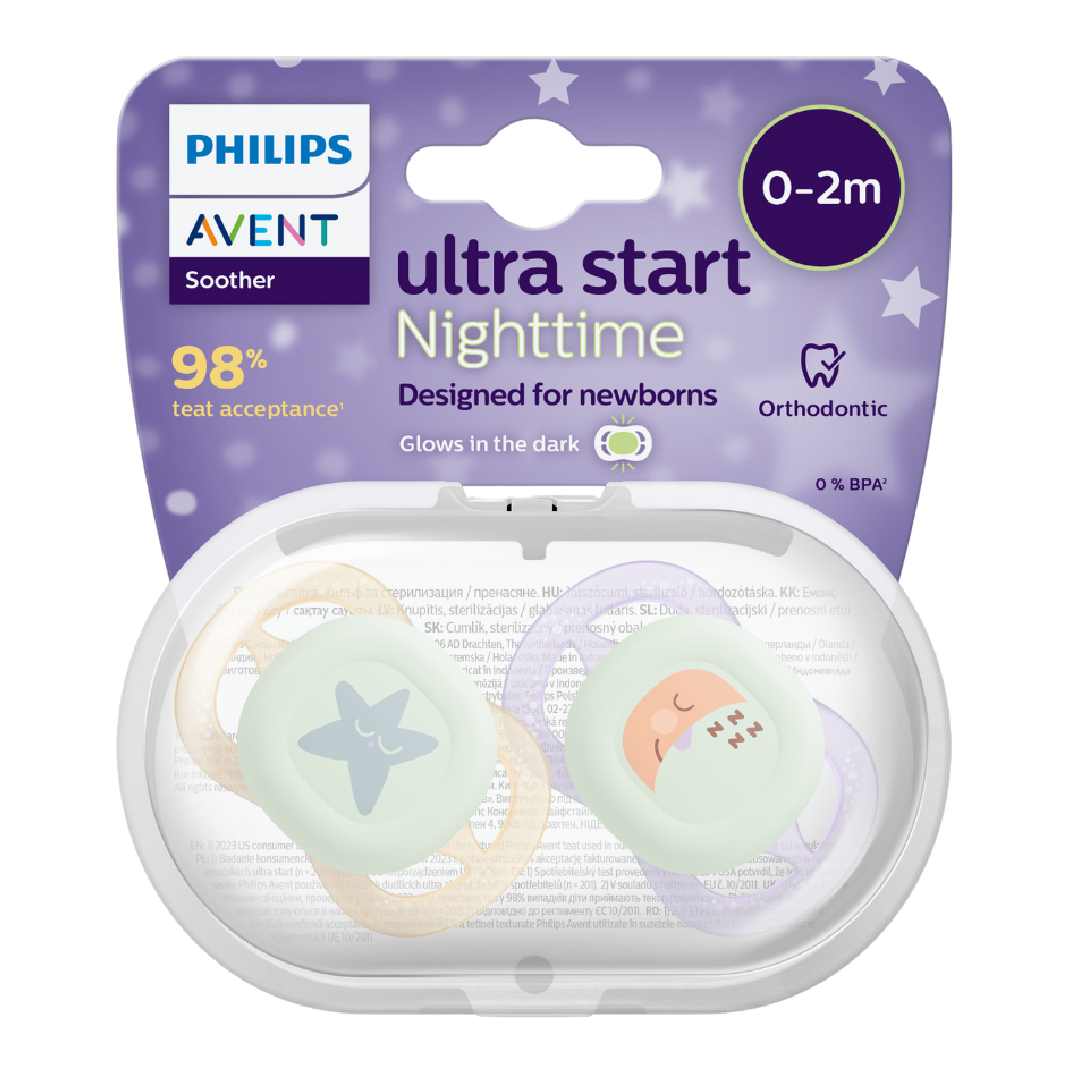 Suzete Ultra Start de noapte, Mov/Portocaliu, SCF075/07, 0-2 luni, 2 bucati, Philips Avent