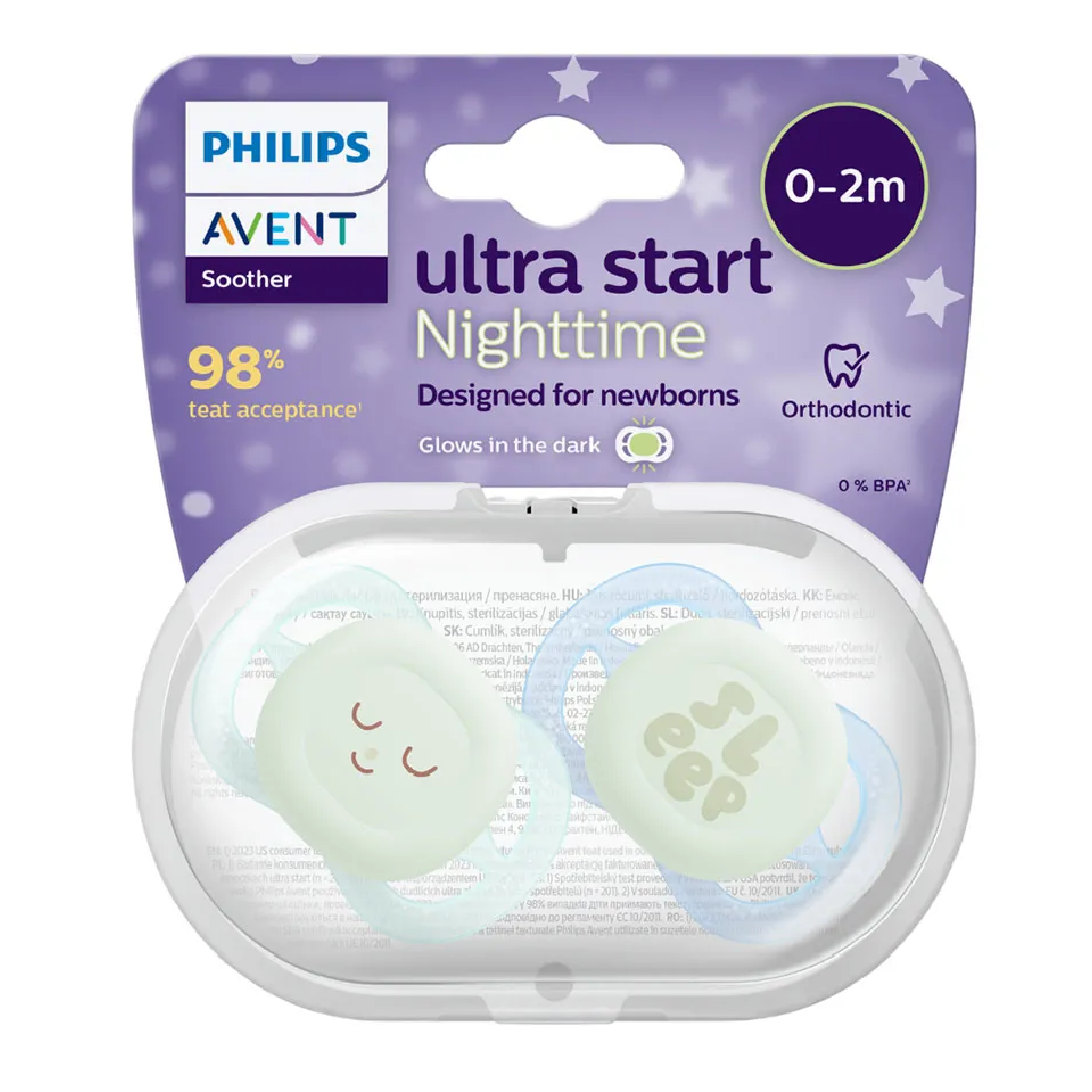 Suzete Ultra Start de noapte, Albastru/Verde, SCF075/08, 0-2 luni, 2 bucati, Philips Avent