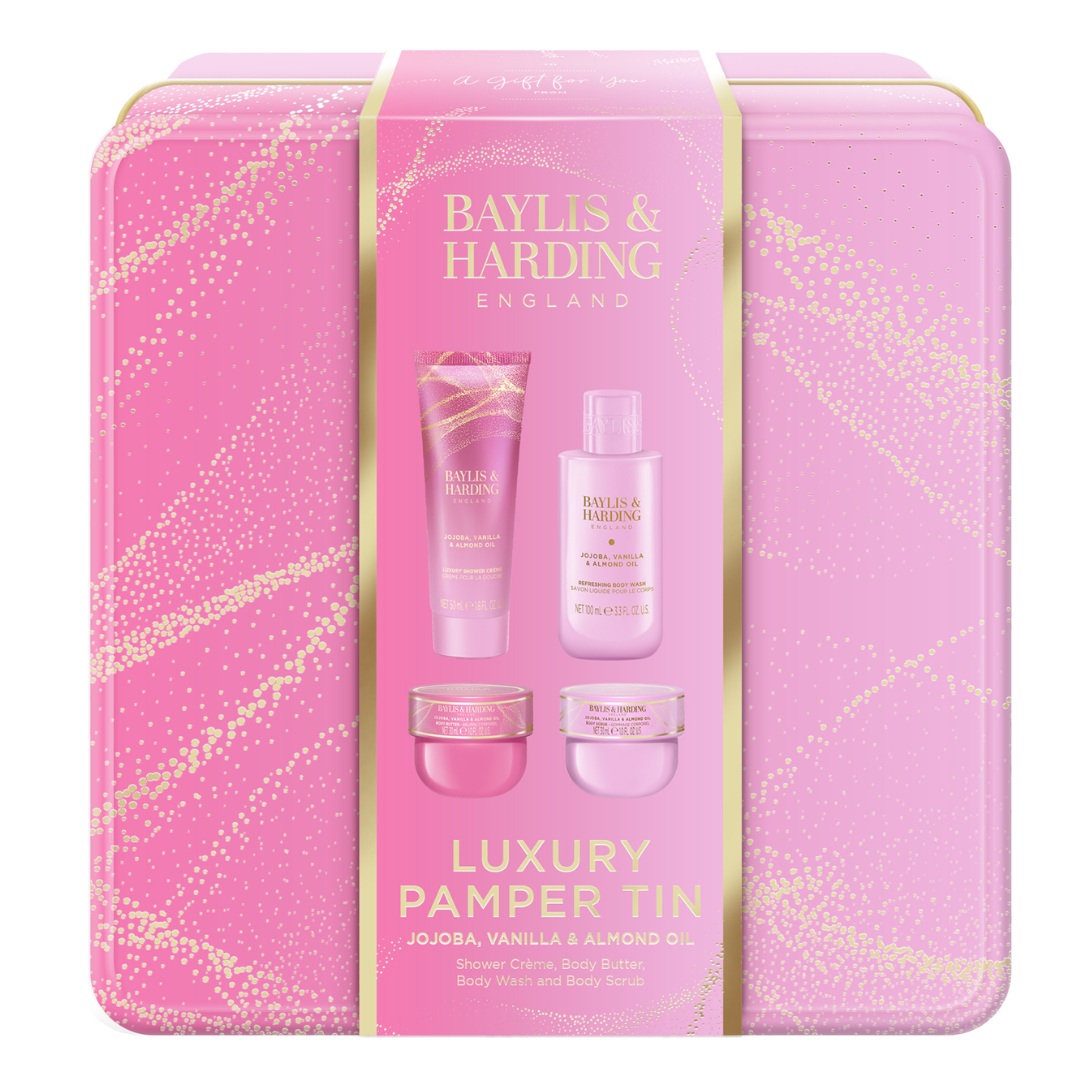 Set cadou în cutie eleganta de metal, Jojoba, Vanilla & Almond Oil 4 piese, Baylis & Harding