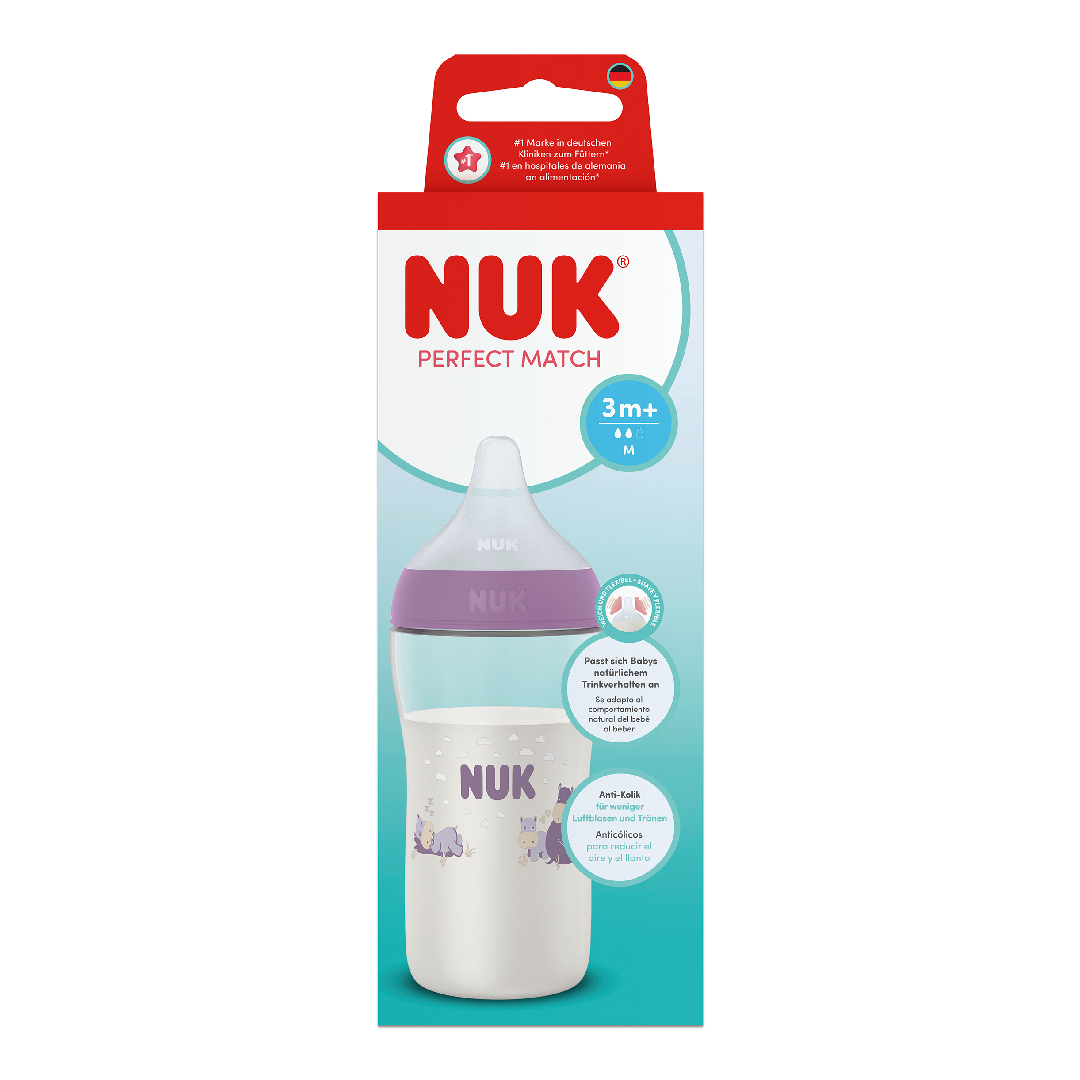 Biberon cu tetina din silicon Perfect Match, roz, flux M, 3+ luni, 260 ml, Nuk