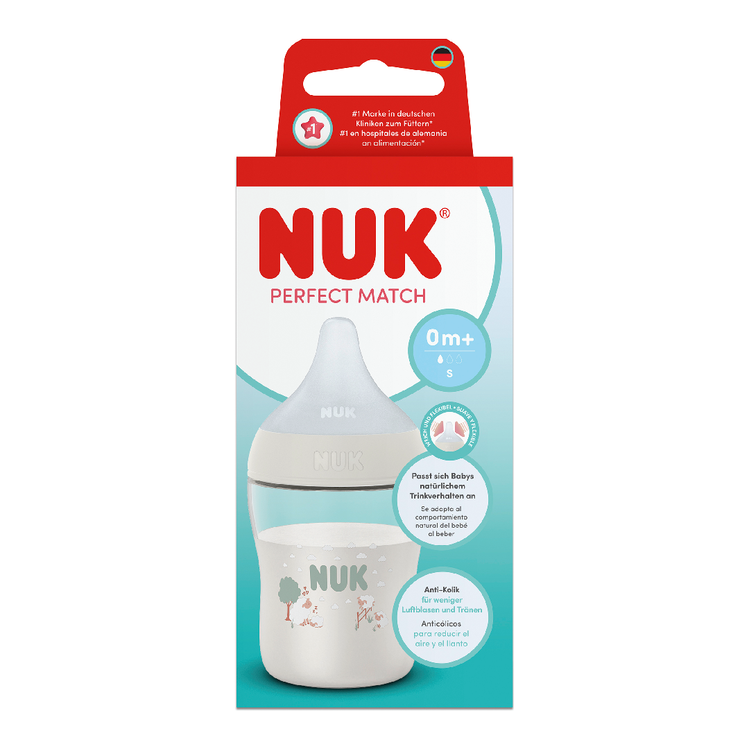 Biberon cu tetina din silicon Perfect Match, alb, flux S, 0 luni+, 150 ml, Nuk