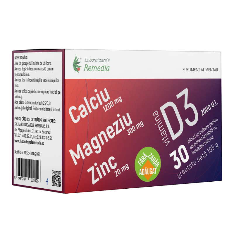 Ca+Mg+Zn + Vitamina D3, 30 plicuri, Remedia