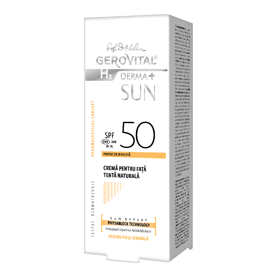 Crema Pentru Fata Spf 50 Tenta Naturala H3 Derma+ Sun, 50 Ml, Gerovital