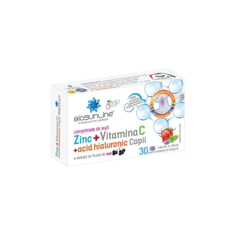 Zinc cu Vitamina C si Acid Hialuronic pentru copii, 30 comprimate, Helcor