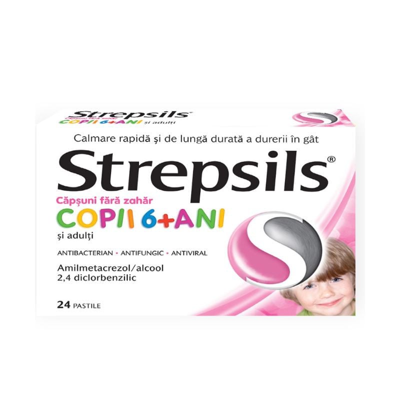 Strepsils cu aroma de capsuni fara zahar copii 6+ ani, 24 pastile