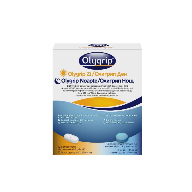 Olygrip Zi 500 mg / 60 mg si Olygrip Noapte 500 mg / 25 mg, 12 comprimate + 4 comprimate filmate
