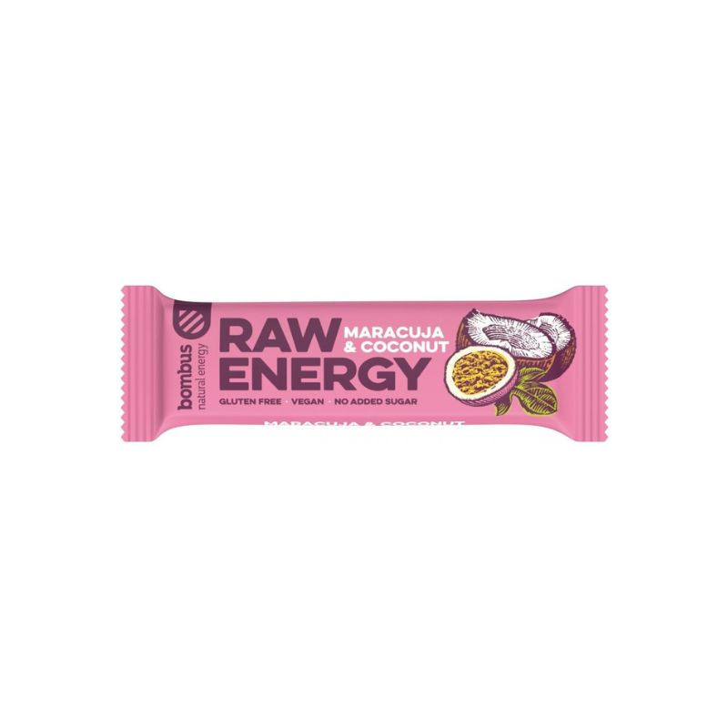 Baton proteic Raw Energy cu maracuja si nuca de cocos, 50g, Bombus
