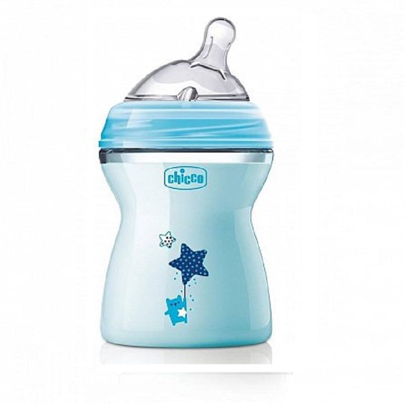 CHICCO Biberon Natural Feeling plastic BLEU, 2 luni +,  250 ml, tetină silicon , flux mediu