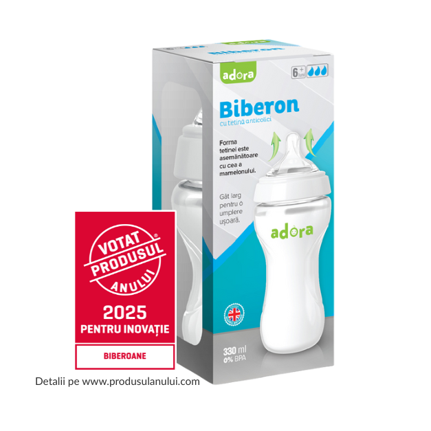 Biberon cu gat larg si tetina anticolici, 6 luni+, 330ml, Adora