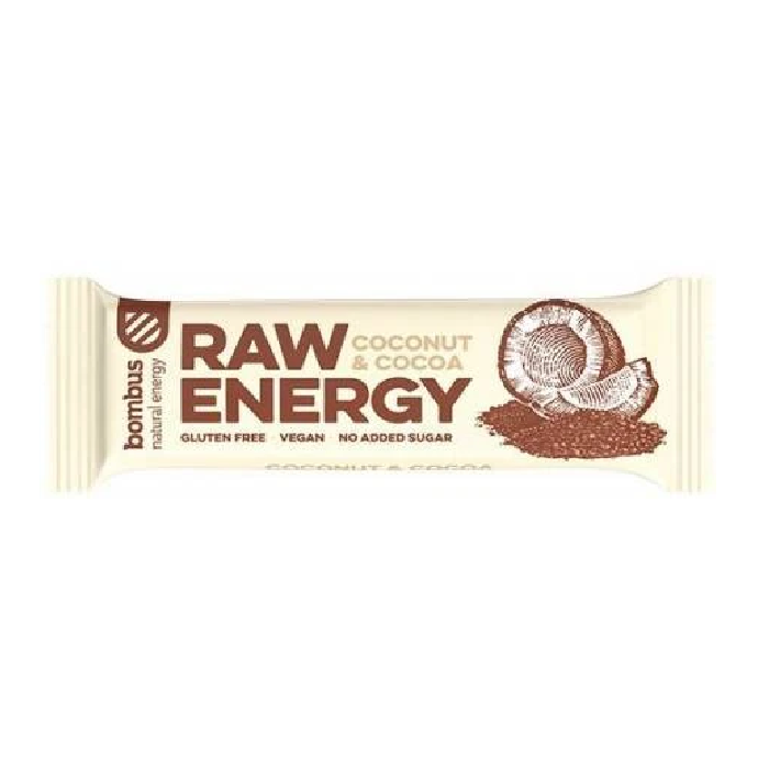 Baton energizant Raw Energy cu nuca de cocos si cacao, 50 g, Bombus