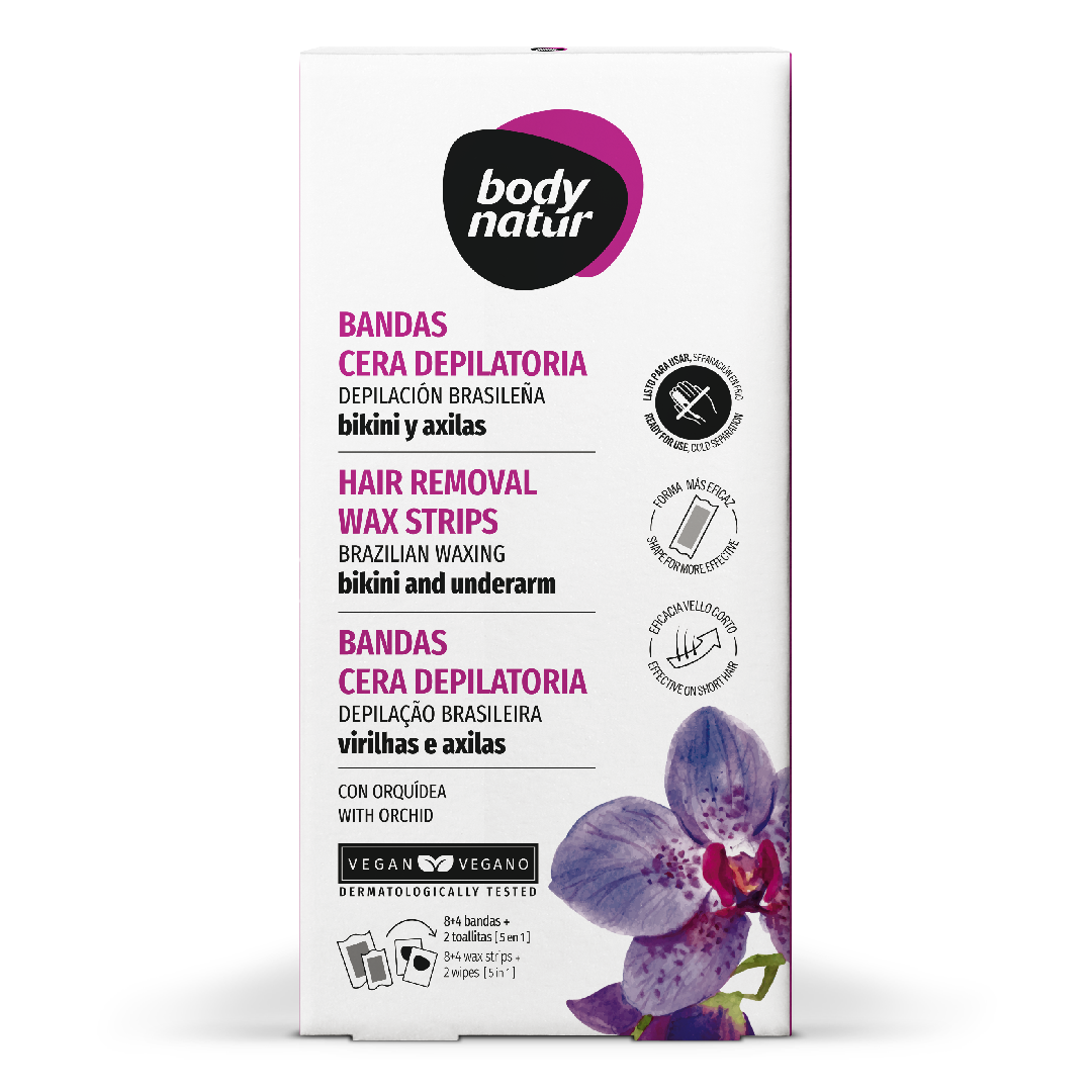 Benzi depilatoare pentru zona bikini si axila, 12 benzi+2 servetele post-epilare, Body Natur