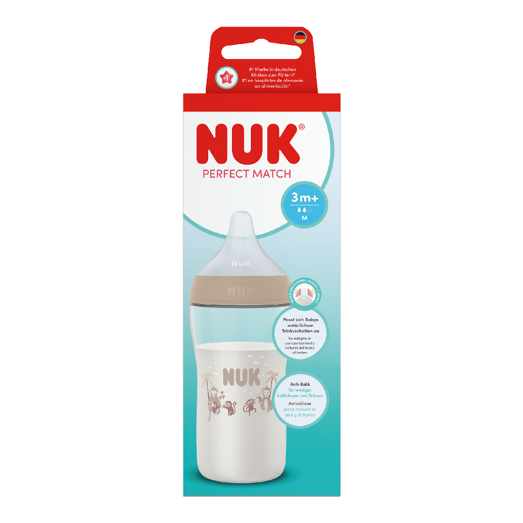 Biberon cu tetina din silicon Perfect Match, bej, flux M, 3+ luni, 260 ml, Nuk