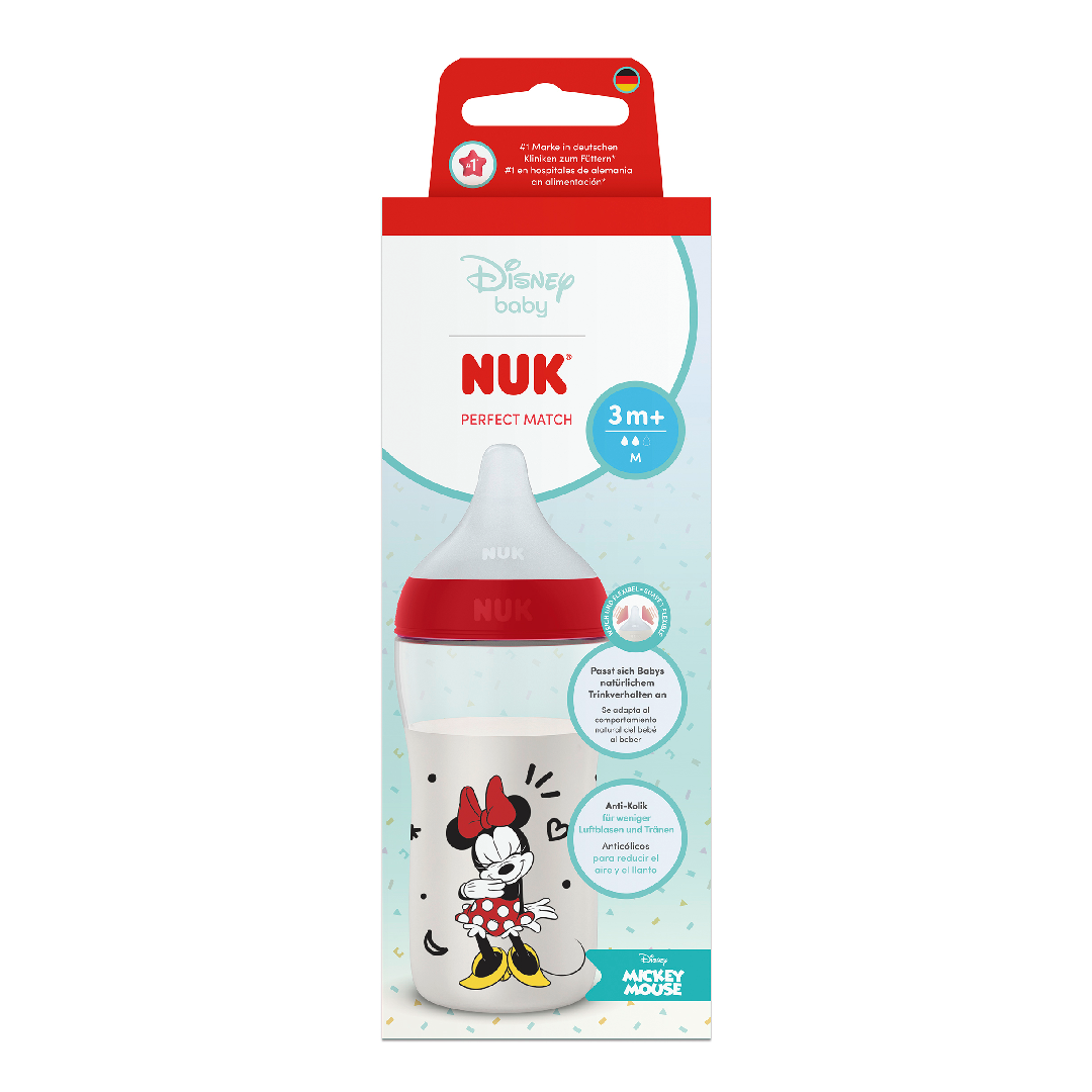 Biberon cu tetina din silicon Perfect Match, Minnie, flux M, 3+ luni, 260 ml, Nuk