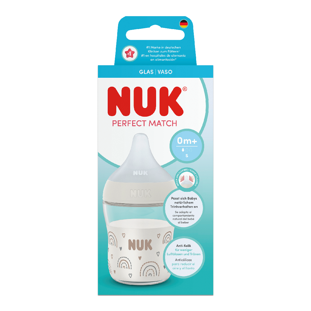 Biberon sticla cu tetina din silicon Perfect Match, flux S, 0 luni+, 120 ml, Nuk