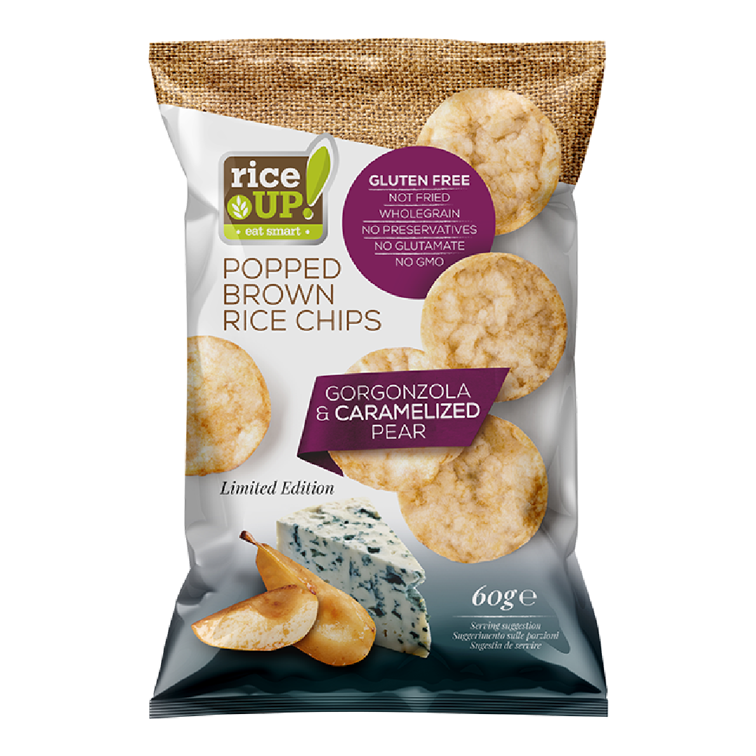 Chips din orez cu gorgonzola si pere caramelizate, 60 g, RiceUP