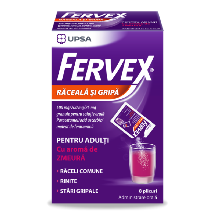 Fervex adulti cu aroma de zmeura, 8 plicuri