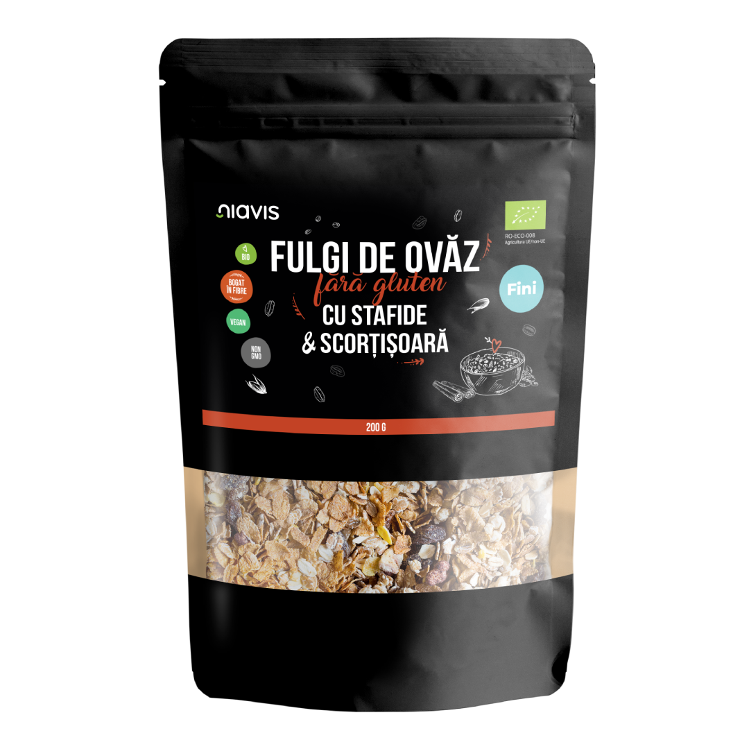 Fulgi de ovaz fara gluten cu stafide si scortisoara Bio, 200g, Niavis